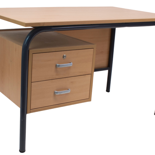 Mobiliario Escolar Torrevieja: Mesa de profesor escolar con tablero de madera, estructura metálica negra curvas y cajonera lateral de dos cajones con llave en Torrevieja.