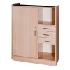Mobiliario Escolar Almoradí: Mueble organizador escolar modular en madera clara con una puerta corredera con cerradura, tres cajones y cuatro estantes abiertos para almacenamiento en centros de Almoradí.