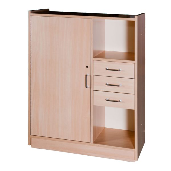 Mobiliario Escolar Almoradí: Mueble organizador escolar modular en madera clara con una puerta corredera con cerradura, tres cajones y cuatro estantes abiertos para almacenamiento en centros de Almoradí.