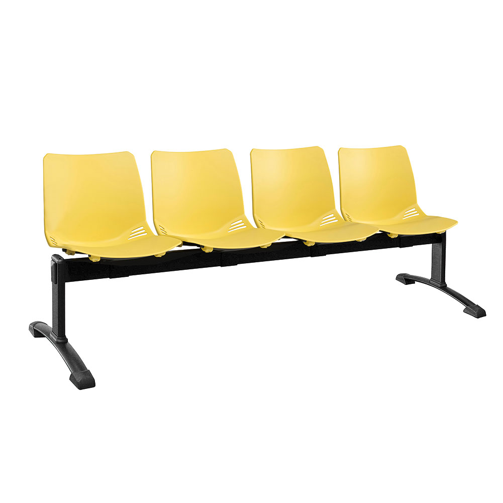 Mobiliario Escolar Almoradí_: Bancada modular de cuatro asientos ergonómicos en polímero amarillo vibrante con estructura metálica negra reforzada para zonas de espera y colectividades en Almoradí.