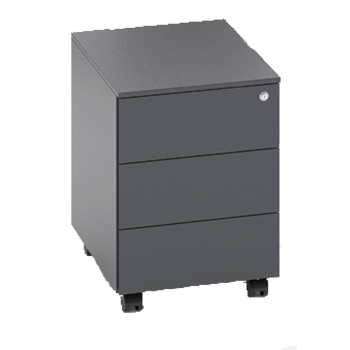Mobiliario Escolar Catral: Buck o cajonera de oficina móvil con tres cajones en color gris grafito, sistema de cierre con llave y ruedas para almacenamiento bajo mesa en centros de Catral.