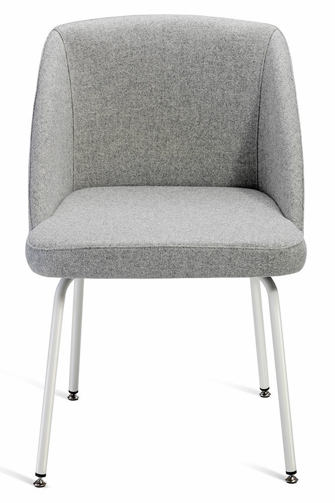 Mobiliario Escolar Callosa de Segura: Silla de recepción ergonómica con respaldo envolvente tapizado en tela gris jaspeada y estructura de cuatro patas metálicas blancas para salas de espera en Callosa de Segura.
