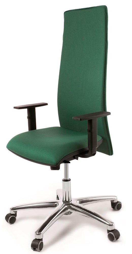 Mobiliario escolar Albatera:Silla de oficina ejecutiva con respaldo extra alto en color verde, base cromada de cinco radios con ruedas, reposabrazos fijos y diseño ergonómico para centros educativos en Albatera.