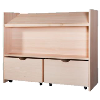 Mobiliario Escolar Benejúzar: Mueble de almacenamiento escolar infantil en madera clara, con dos grandes gavetas inferiores con ruedas y estante expositor superior inclinado para libros, para aulas en Benejúzar.