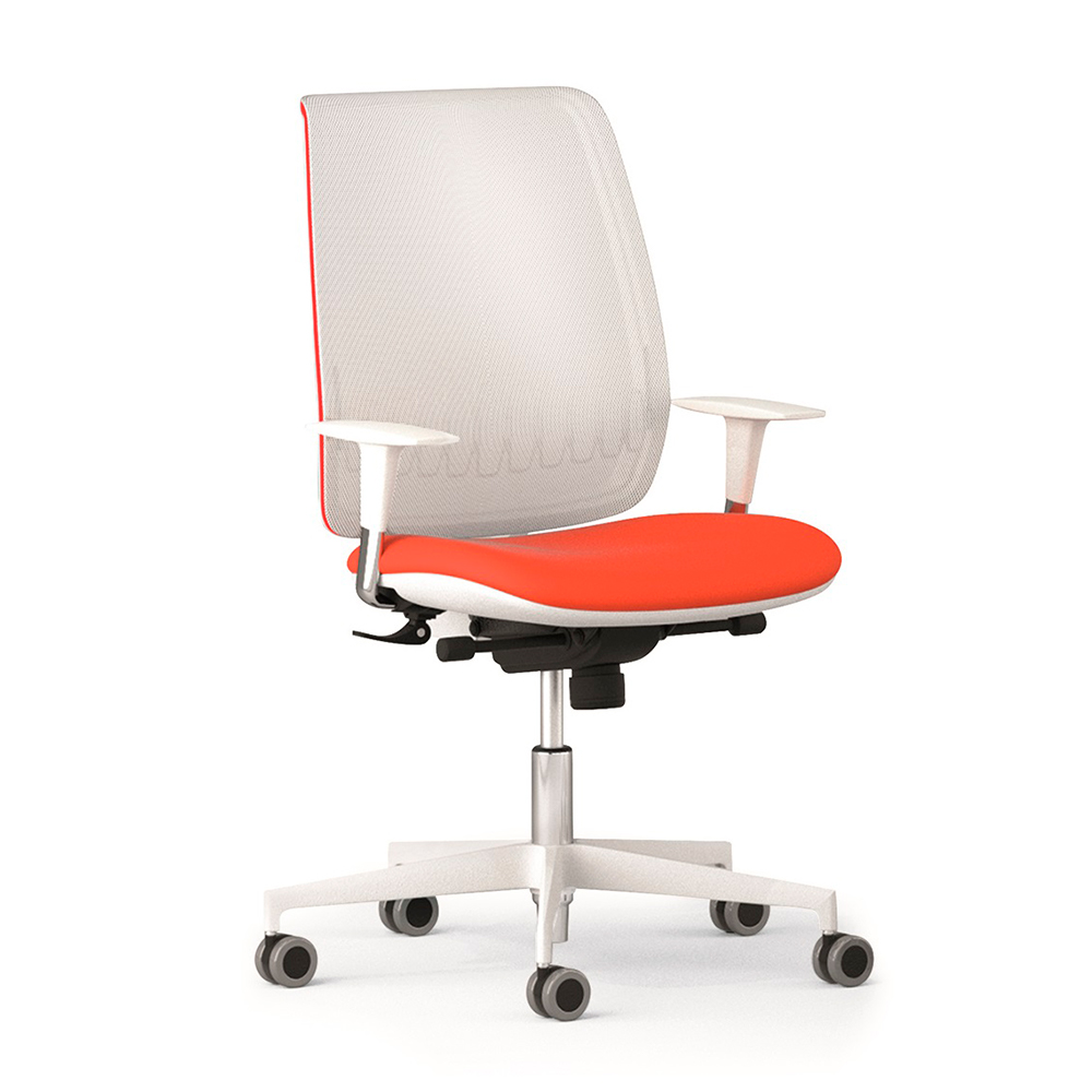 Mobiliario Escolar Cox: Silla de oficina ergonómica con asiento naranja vibrante, respaldo de malla gris transpirable, reposabrazos blancos y base de cinco radios con ruedas para centros educativos en Cox.