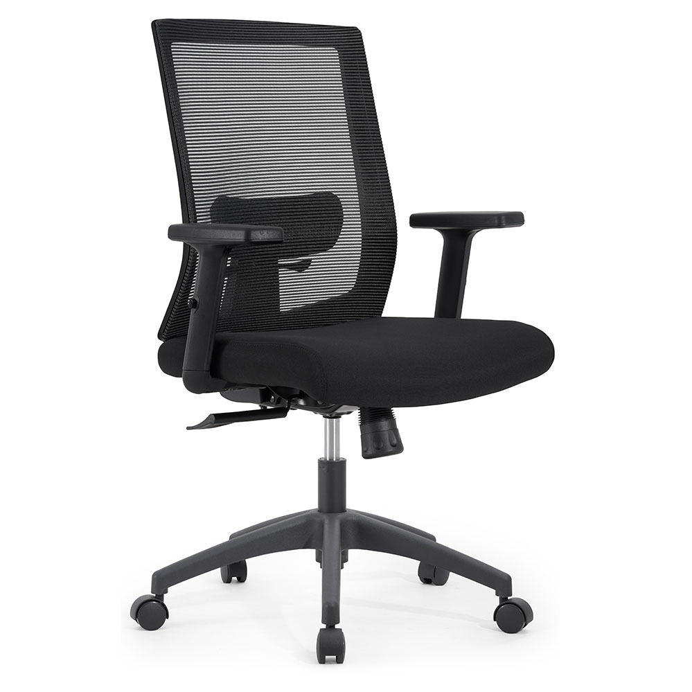 Mobiliario Escolar Los Alcázares: Silla de oficina ergonómica negra con respaldo de malla transpirable, soporte lumbar ajustable, reposabrazos fijos y base de cinco radios con ruedas para centros en Los Alcázares.
