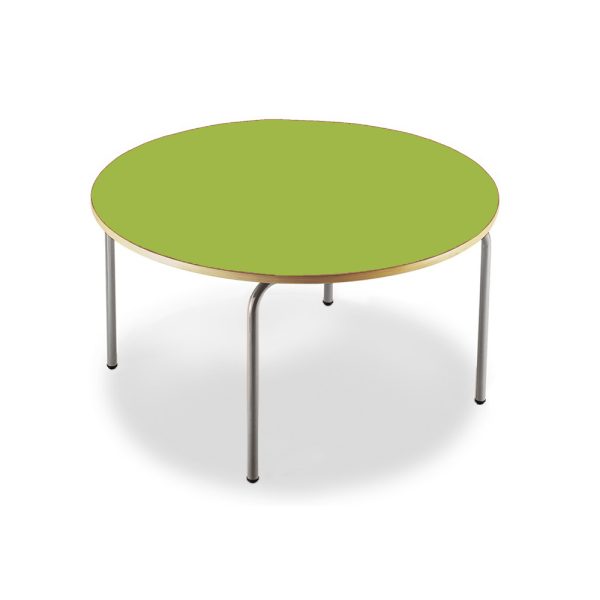 Mobiliario escolar Redován: Mesa escolar redonda con tablero en color verde lima, cantos redondeados de seguridad y patas metálicas grises para aulas de educación infantil en Redován.