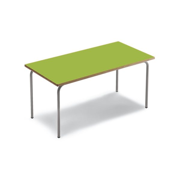 Mobiliario Escolar Caravaca de la Cruz: Mesa escolar rectangular con tablero verde lima, cantos de madera y estructura metálica gris reforzada para aulas de primaria y secundaria en Caravaca de la Cruz.
