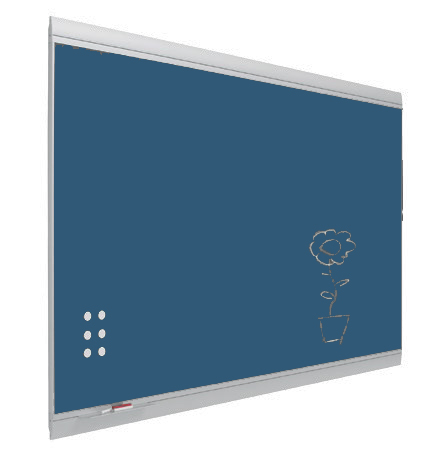 Mobiliario Escolar Albatera: Pizarra escolar clásica de superficie azul para tiza, con marco de aluminio reforzado y bandeja portatizas, instalada en un centro educativo de Albatera.
