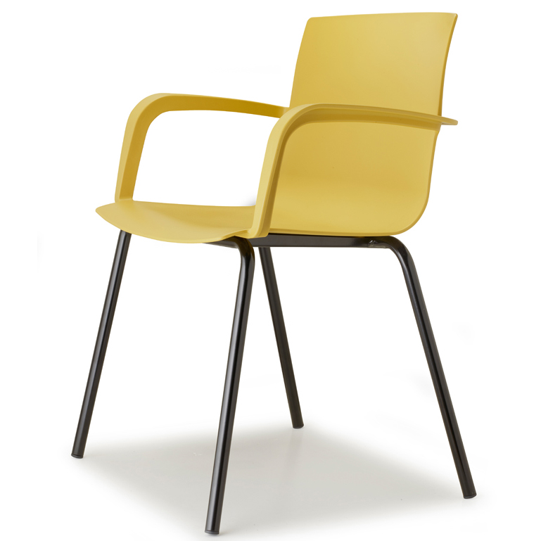 Mobiliario Escolar Daya Nueva: Silla escolar monobloque de color amarillo vibrante con reposabrazos integrados, diseño ergonómico y patas metálicas negras para centros infantiles en Daya Nueva.