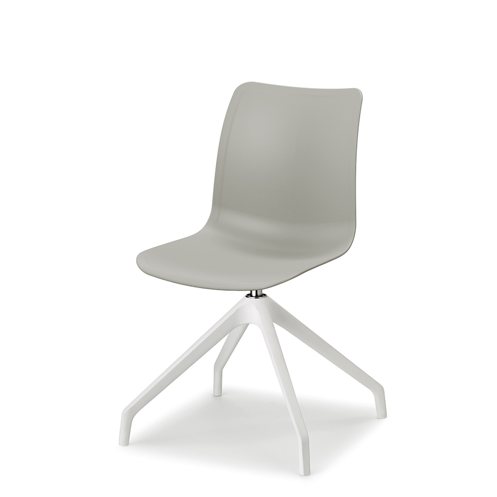 Mobiliario Escolar Novelda: Silla operativa ergonómica con carcasa de polipropileno gris, base giratoria piramidal de cuatro radios en color blanco y diseño contemporáneo para aulas y oficinas en Novelda.