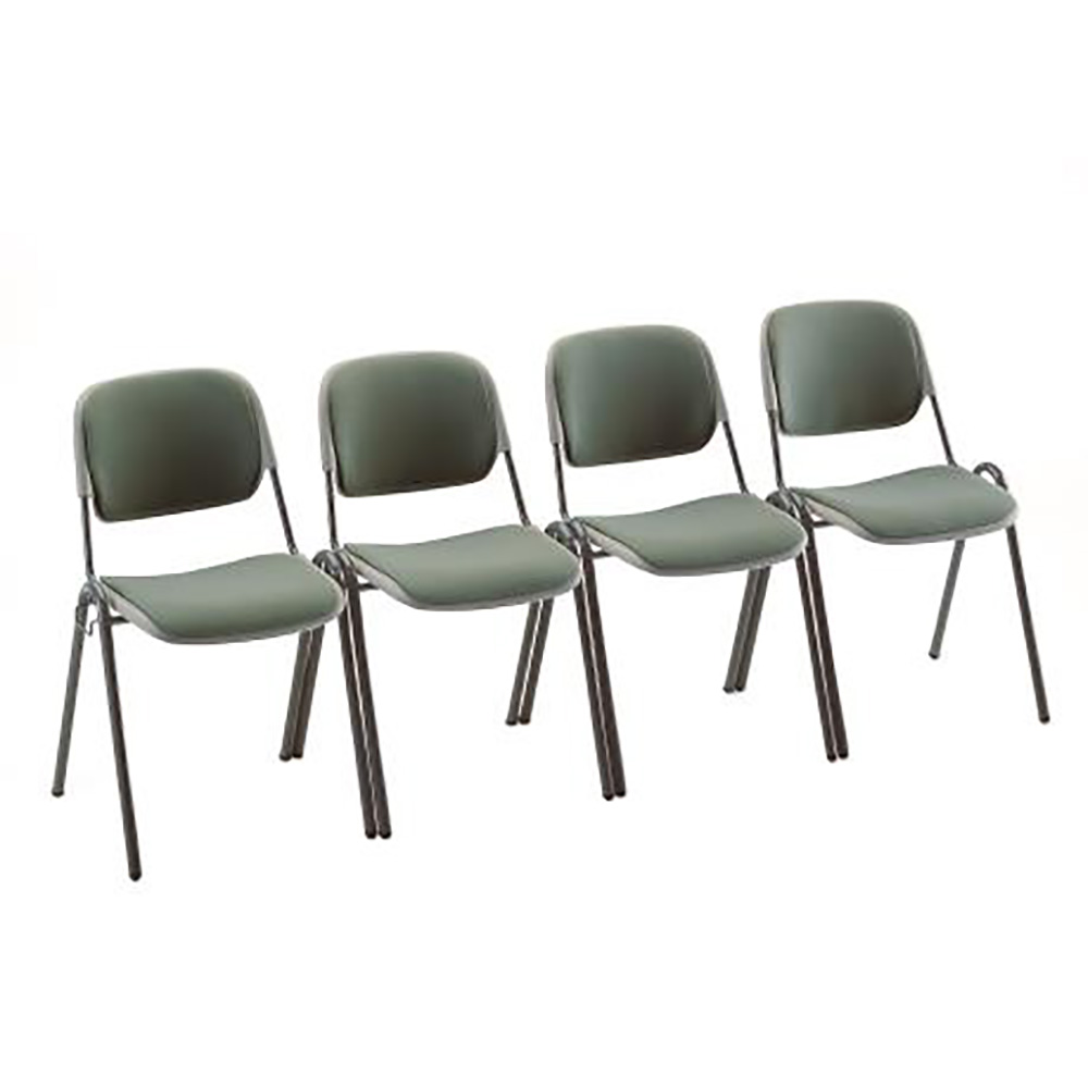 Mobiliario escolar Guardamar del Segura: Bancada de cuatro sillas escolares unidas para colectividades, con estructura metálica gris y asiento y respaldo ergonómicos en polímero verde oliva para centros en Guardamar del Segura.