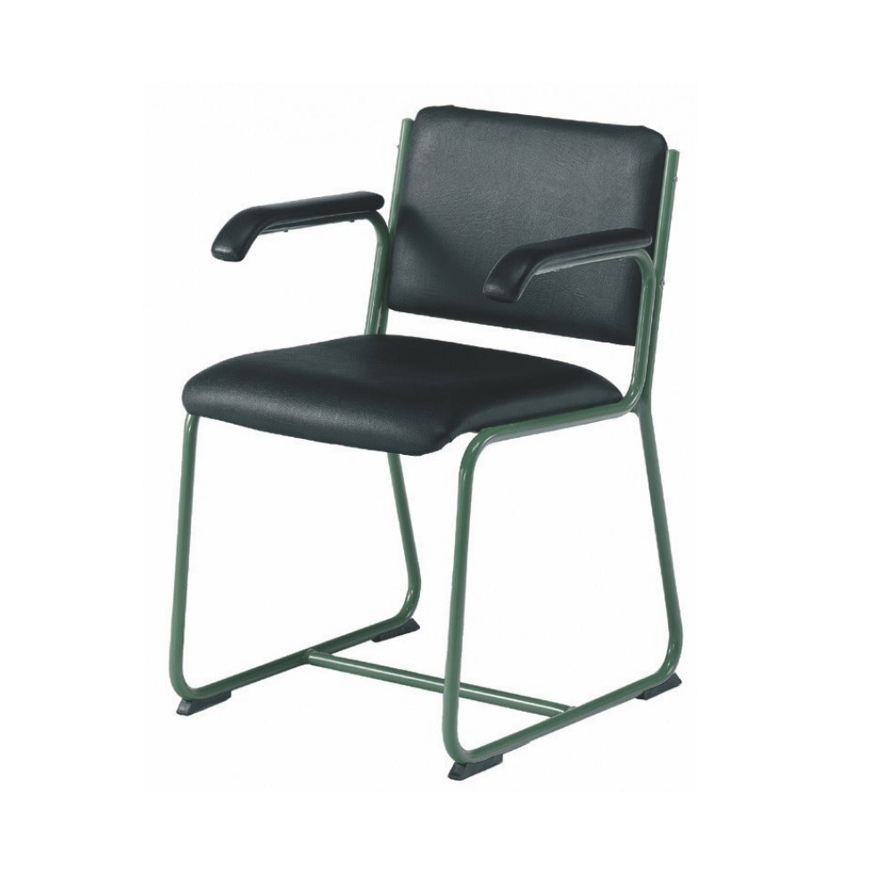 Mobiliario Escolar Rafal: Silla de oficina ergonómica con asiento tapizado en naranja y respaldo técnico en gris claro, con reposabrazos integrados, base blanca de cinco radios y ruedas para centros en Rafal.