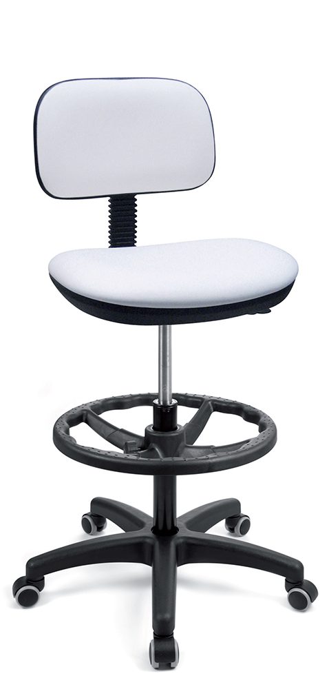Mobiliario escolar Callosa de Segura: Silla técnica elevada para laboratorio con asiento y respaldo blancos acolchados, aro reposapiés circular ajustable y base con ruedas para centros educativos en Callosa de Segura.