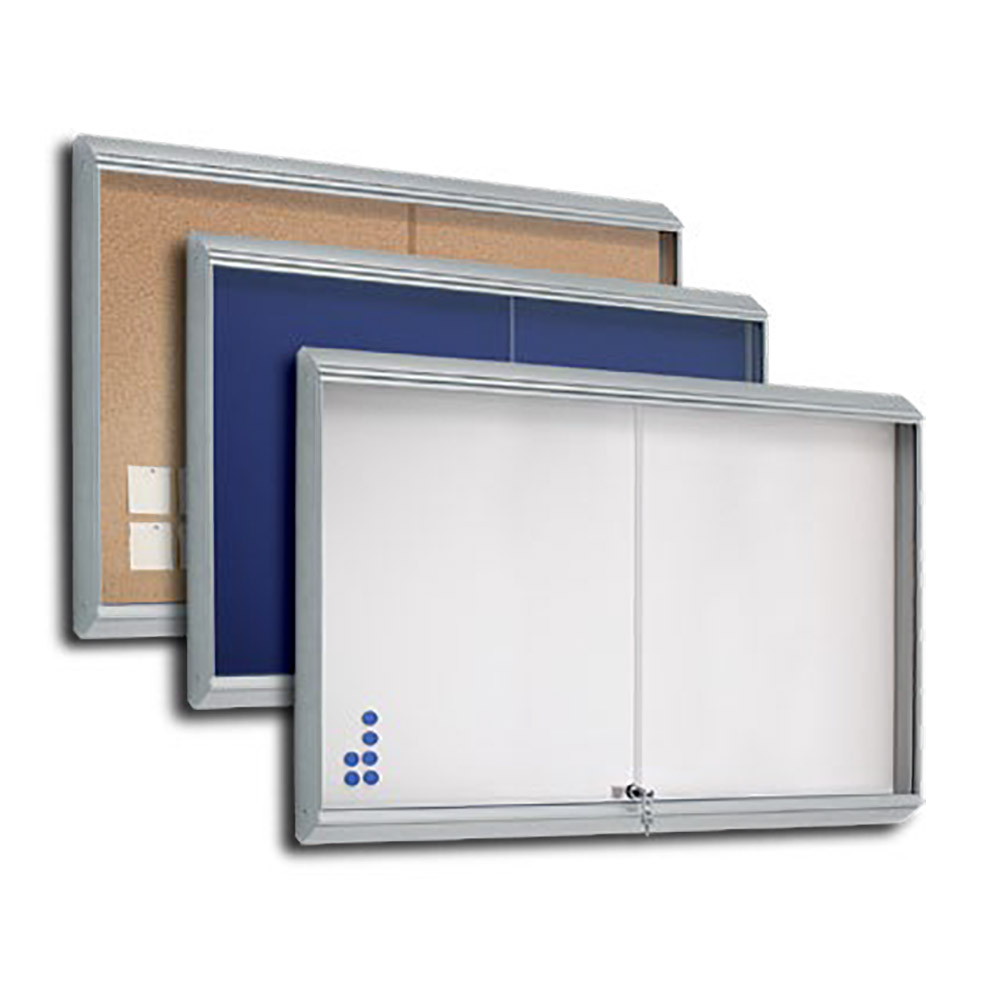Mobiliario Escolar Torre-Pacheco: Vitrinas de anuncios para centros educativos con puertas correderas de cristal y cerradura, disponibles en fondo de corcho natural, fieltro azul y superficie blanca magnética en Torre-Pacheco.