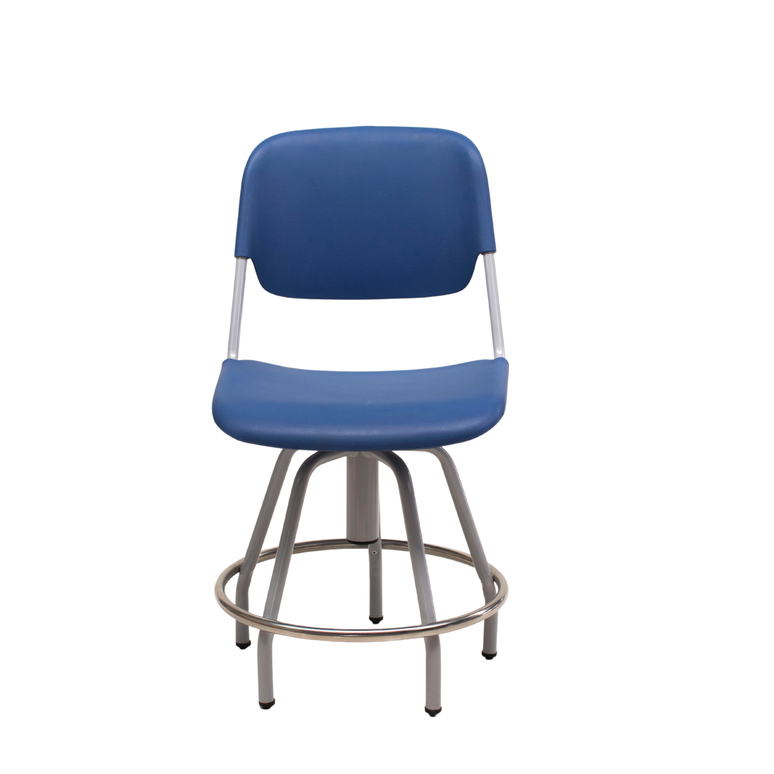 Mobiliario Escolar Dénia: Taburete escolar con respaldo y asiento de polímero azul, estructura metálica gris con reposapiés circular cromado para laboratorios en Dénia.