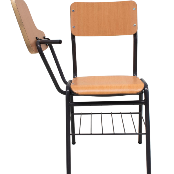 Mobiliario escolar Torrevieja: Silla escolar con pala de escritura abatible de madera, estructura metálica negra y rejilla inferior portaobjetos para aulas en Torrevieja.