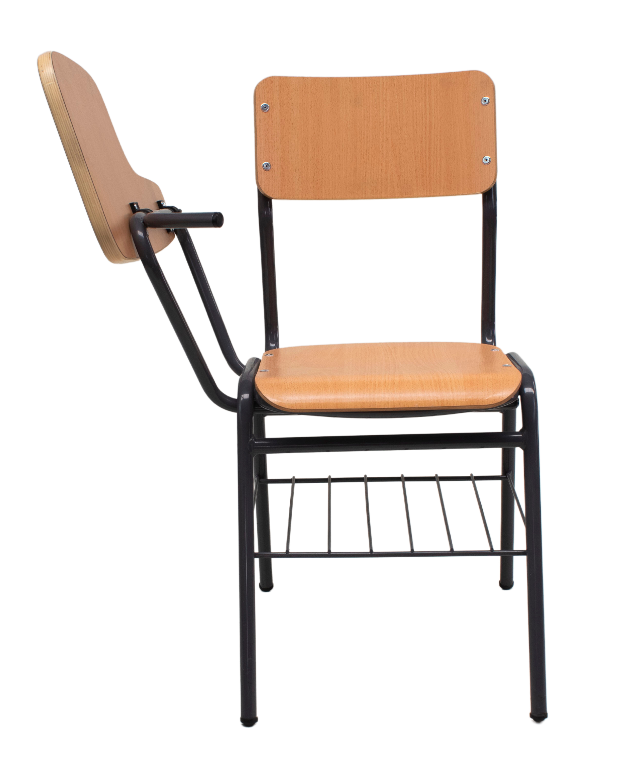 Mobiliario escolar Torrevieja: Silla escolar con pala de escritura abatible de madera, estructura metálica negra y rejilla inferior portaobjetos para aulas en Torrevieja.