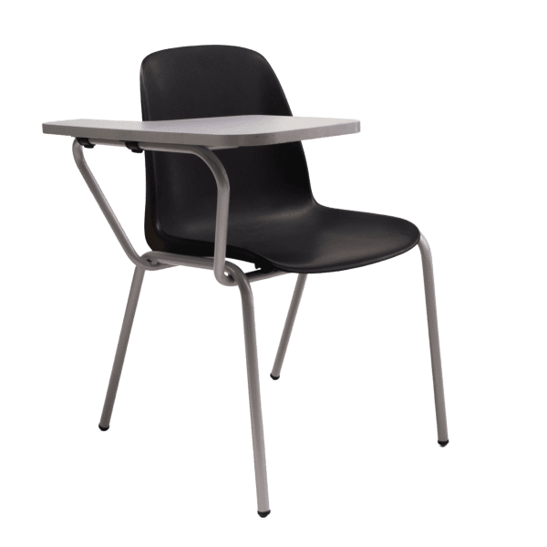 Mobiliario Escolar Cartagena: Silla escolar de polímero negro con pala de escritura y estructura metálica gris para centros de formación en Cartagena.
