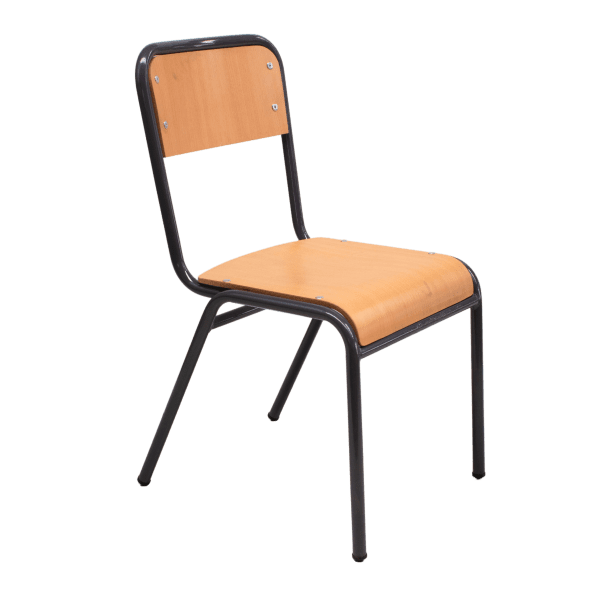 Silla escolar ergonómica con estructura metálica y asiento de madera para centros educativos en Águilas. Mobiliario escolar águilas