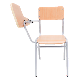 Mobiliario Escolar Daya Nueva: Silla escolar con pala de escritura abatible en madera clara, estructura metálica gris de cuatro patas y diseño ergonómico para centros de formación en Daya Nueva.