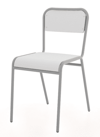 Mobiliario Escolar Almoradí: Silla escolar clásica para alumnos con estructura metálica gris de cuatro patas, asiento y respaldo blancos de alta densidad, ideal para aulas de primaria y secundaria en Almoradí.