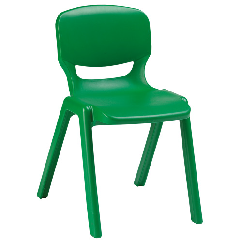 Mobiliario escolar Rojales: Silla escolar infantil monobloque de polímero verde de alta resistencia, con diseño ergonómico y apertura en el respaldo para ventilación, ideal para aulas en Rojales.