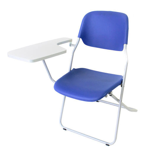 Mobiliario Escolar yecla: Silla plegable azul para formación con pala de escritura blanca abatible y estructura metálica ligera para aulas multifuncionales en Yecla.