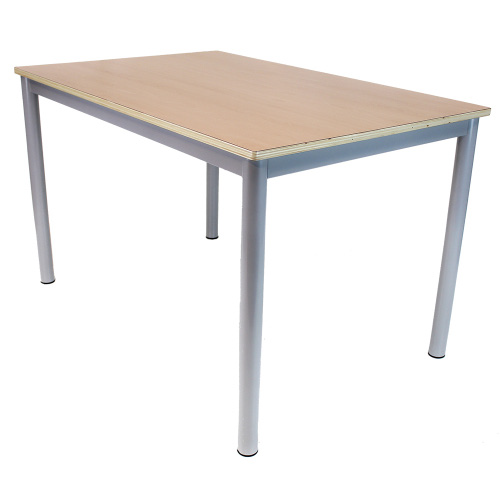 Mobiliario Escolar Villajoyosa: Mesa escolar colectiva de cuatro patas cilíndricas grises con tablero de madera de haya para aulas, comedores o salas de profesores en Villajoyosa.