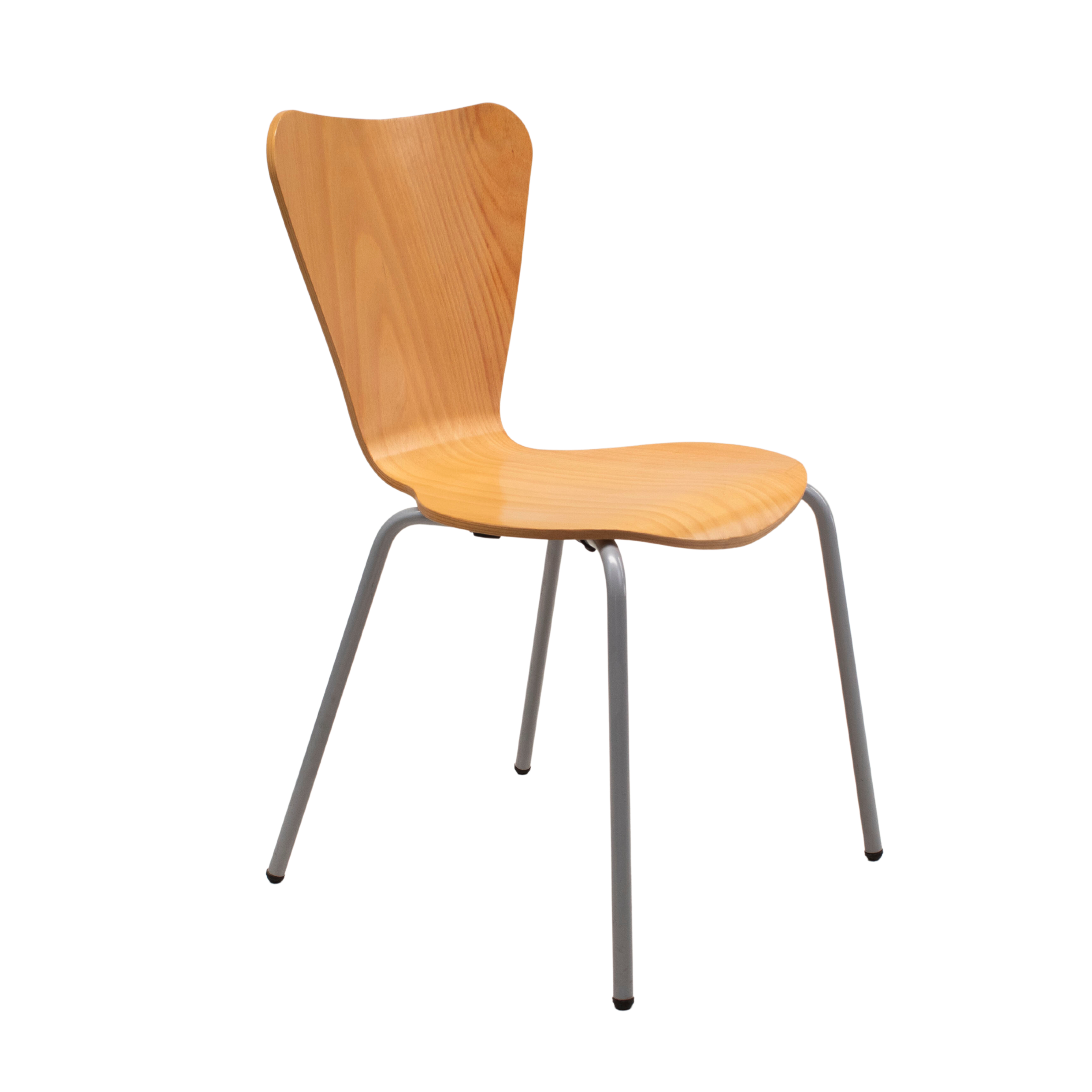 Mobiliario Escolar Mazarrón: Silla escolar de diseño ergonómico con asiento y respaldo de madera de haya laminada y estructura metálica gris para aulas y bibliotecas en Mazarrón.