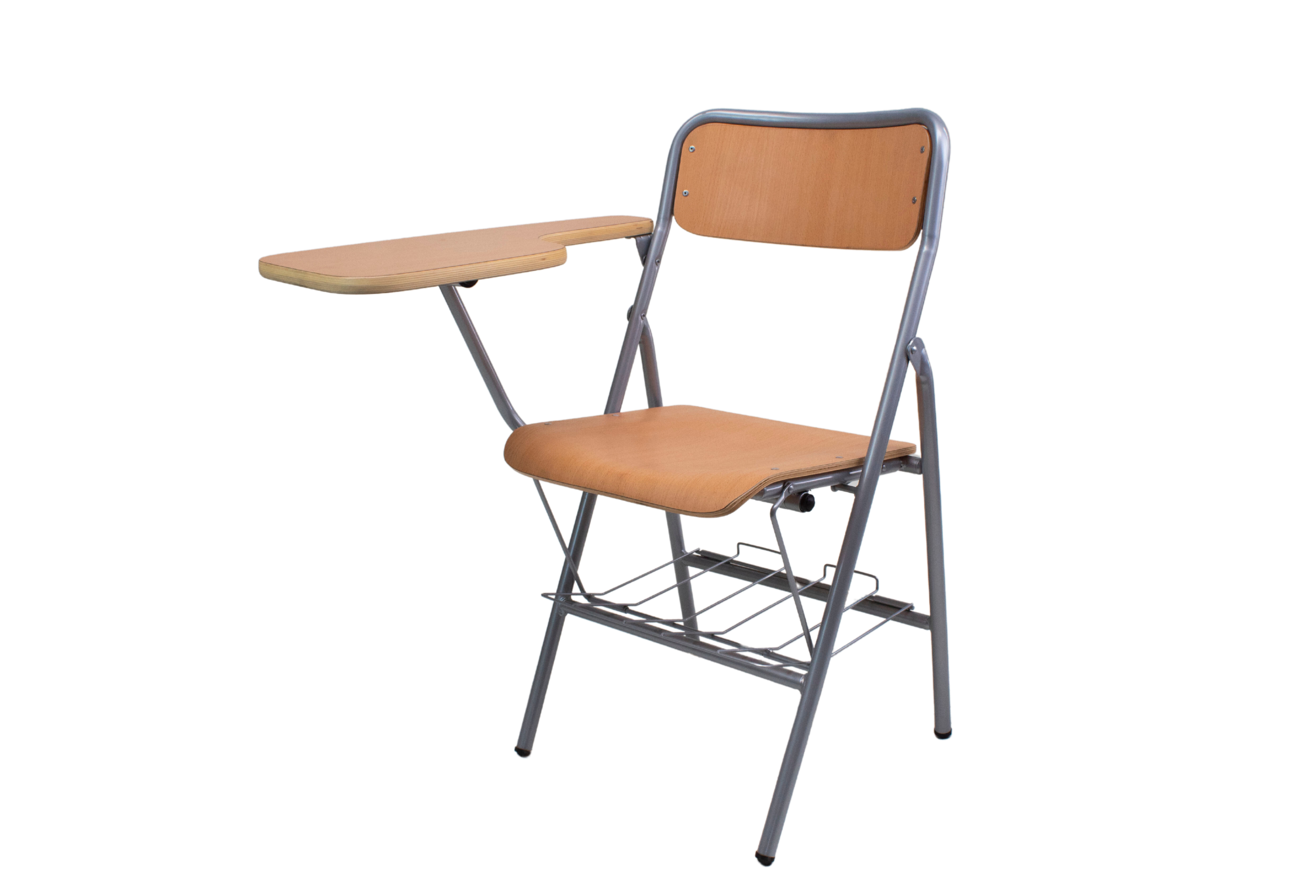 Silla escolar con pala de escritura abatible color crema y estructura metálica gris de ADM Mobiliario. Mobiliario escolar Murcia