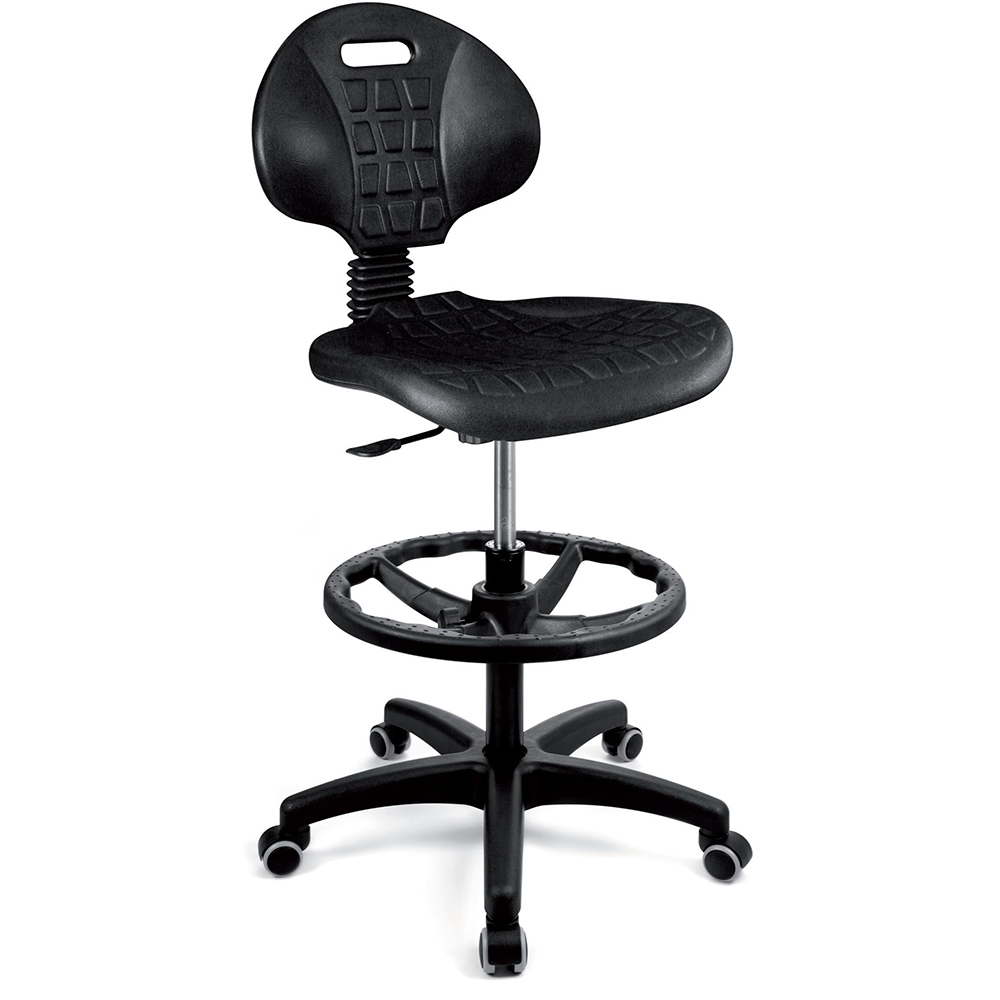 Mobiliario Escolar Elche: Taburete técnico industrial de poliuretano negro, regulable en altura, con respaldo ergonómico, reposapiés circular y base con ruedas para laboratorios en Elche.