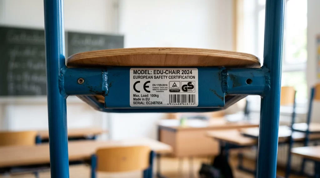 Detalle técnico de silla escolar metálica con ficha de certificación UNE-EN 1729 visible, en contexto de aula escolar en España