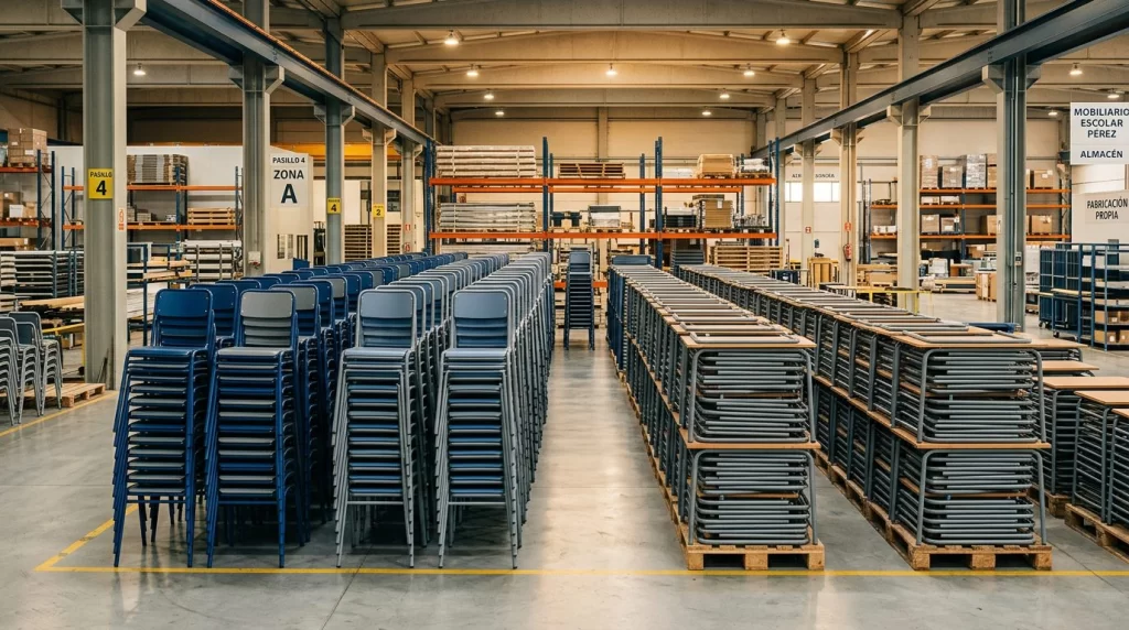 Mobiliario escolar metálico de acero lacado: sillas y mesas apiladas en almacén de fabricante de mobiliario escolar en España