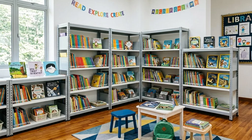 Estanterías metálicas abiertas con libros y materiales escolares organizados en biblioteca de colegio en España