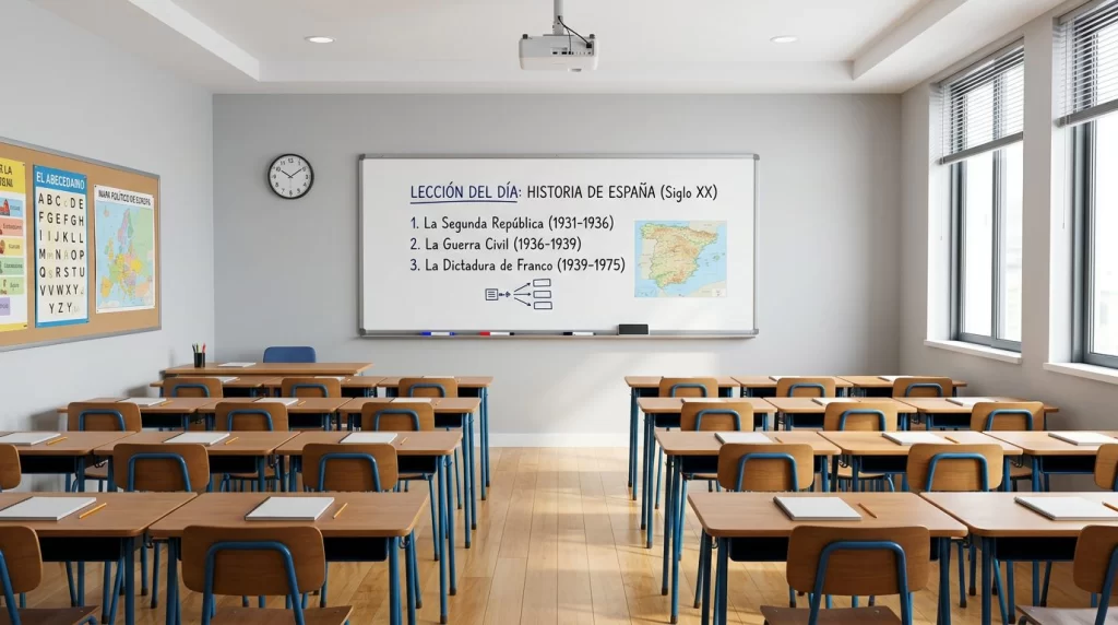 Pizarra escolar blanca con marco metálico instalada en pared de aula moderna en colegio de España - tipos de pizarras escolares