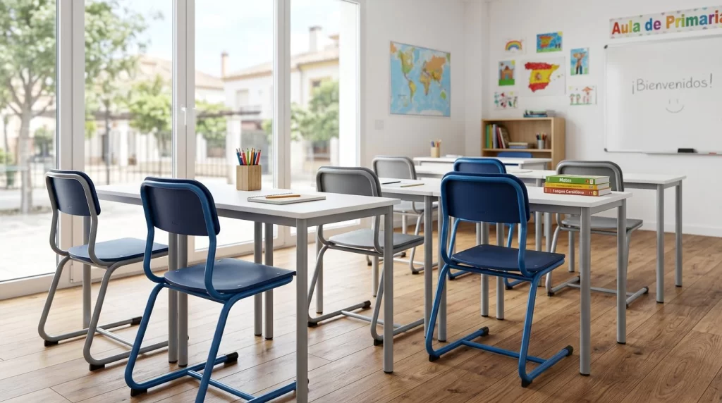 Sillas escolares ergonómicas de estructura metálica lacada en azul y gris, apiladas junto a mesas en un aula luminosa de colegio español
