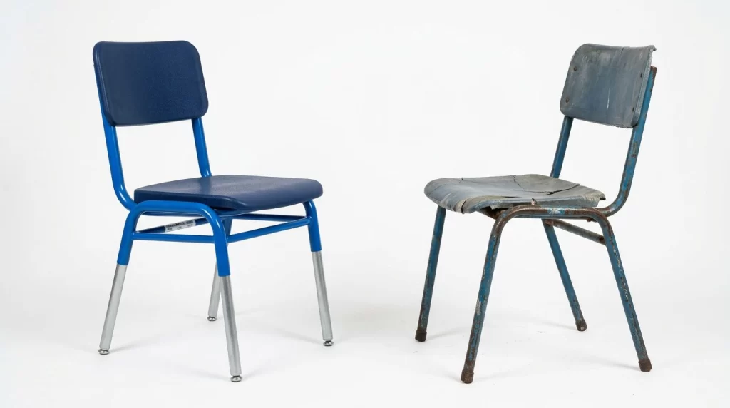Comparativa visual de silla escolar nueva de acero lacado junto a silla escolar deteriorada en aula, ejemplo visual para saber cuando renovar mobiliario escolar