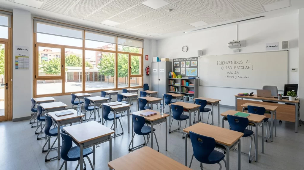 Cómo amueblar un aula escolar completamente equipada con mesas, sillas, pizarra y armario metálico en colegio de España, vacía y lista para el curso
