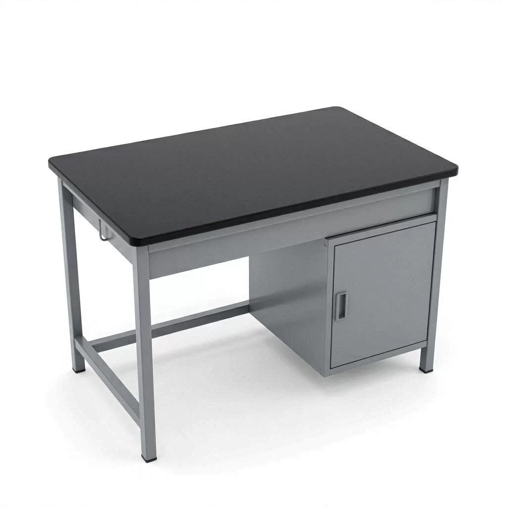 Mesa de laboratorio escolar con superficie de resina fenólica negra y estructura de acero gris con módulo de almacenamiento inferior sobre fondo blanco