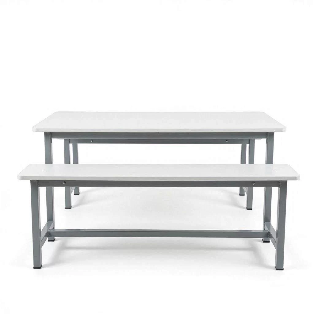  Mobiliario de comedor escolar con tablero compacto blanco y estructura metálica gris con bancos a juego sobre fondo blanco