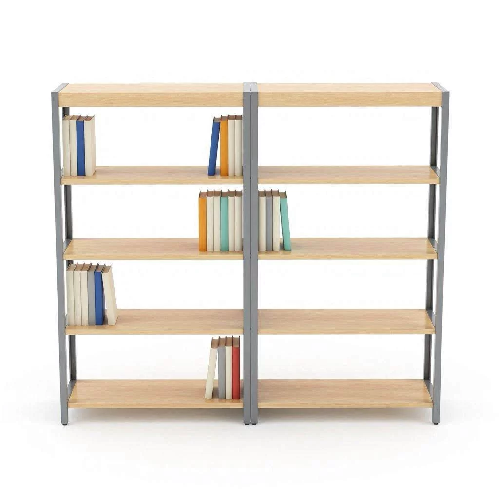 Mobiliario para biblioteca escolar, estantería doble acceso con baldas de madera haya y estructura metálica gris con libros de colores sobre fondo blanco