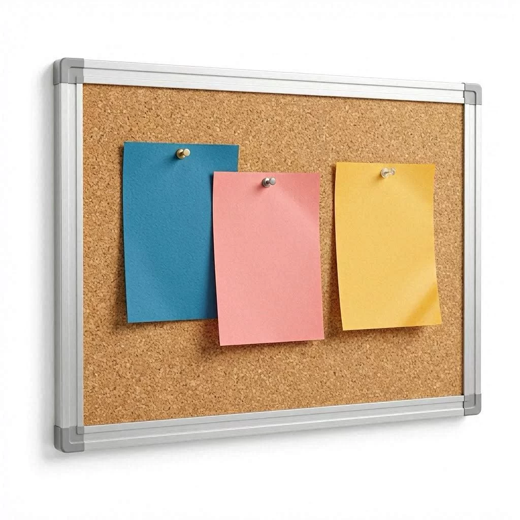 Tableros de corcho para colegios con marco de aluminio plateado y papeles de colores sujetos con chinchetas sobre fondo blanco