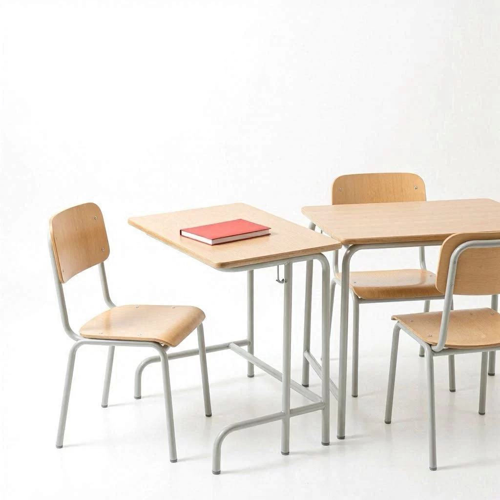 Mesas y sillas escolares a medida con tablero de madera haya natural y estructura metálica gris, con cuaderno rojo sobre fondo blanco