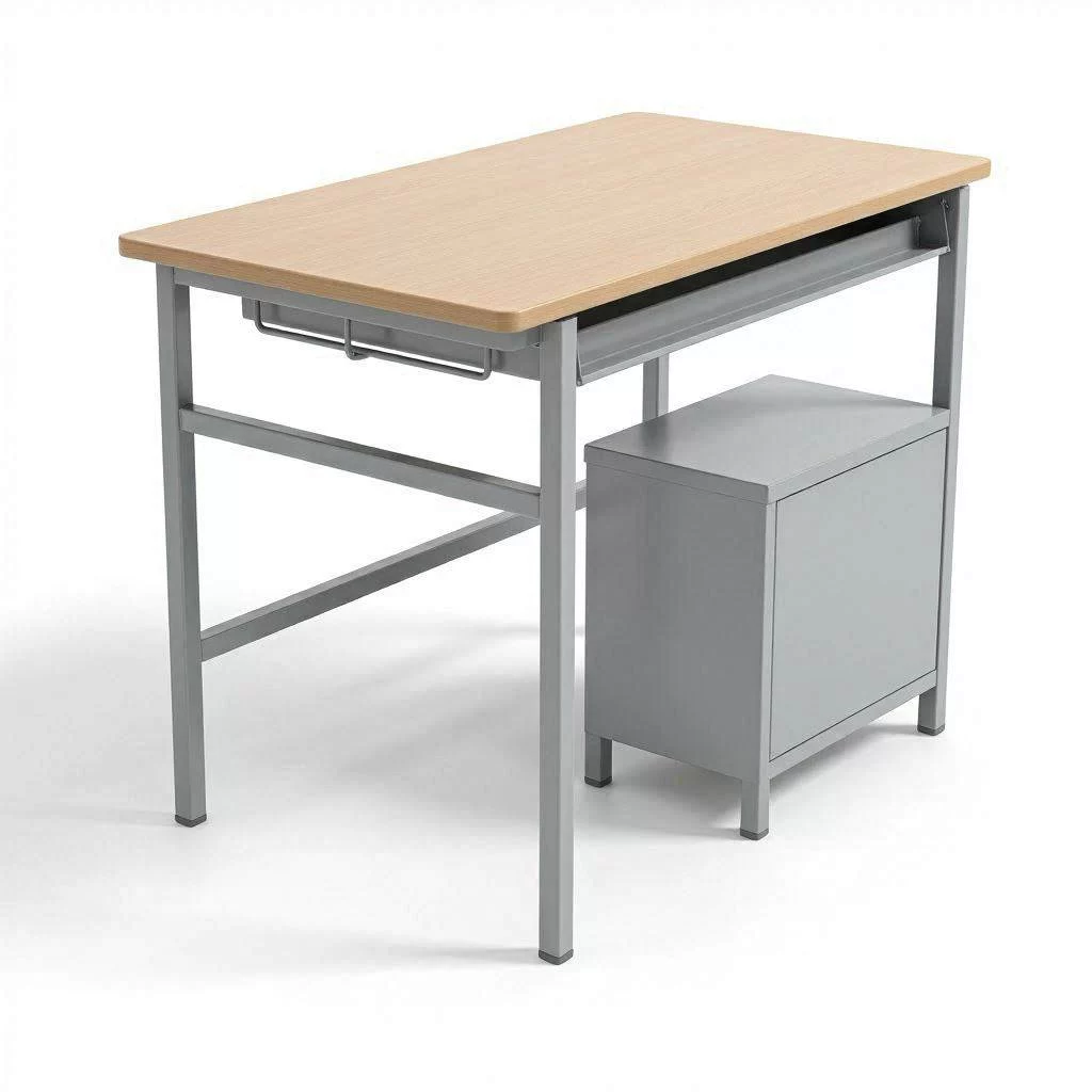 Mobiliario para aula de informática con tablero de haya natural, bandeja de gestión de cables integrada y módulo inferior en estructura de acero gris sobre fondo blanco