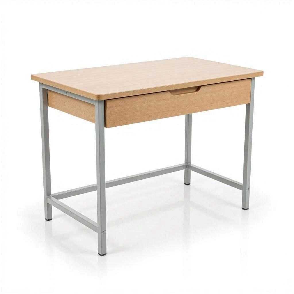 mobiliario para sala de profesores con tablero de madera haya natural y módulo de cajón en estructura de acero gris sobre fondo blanco