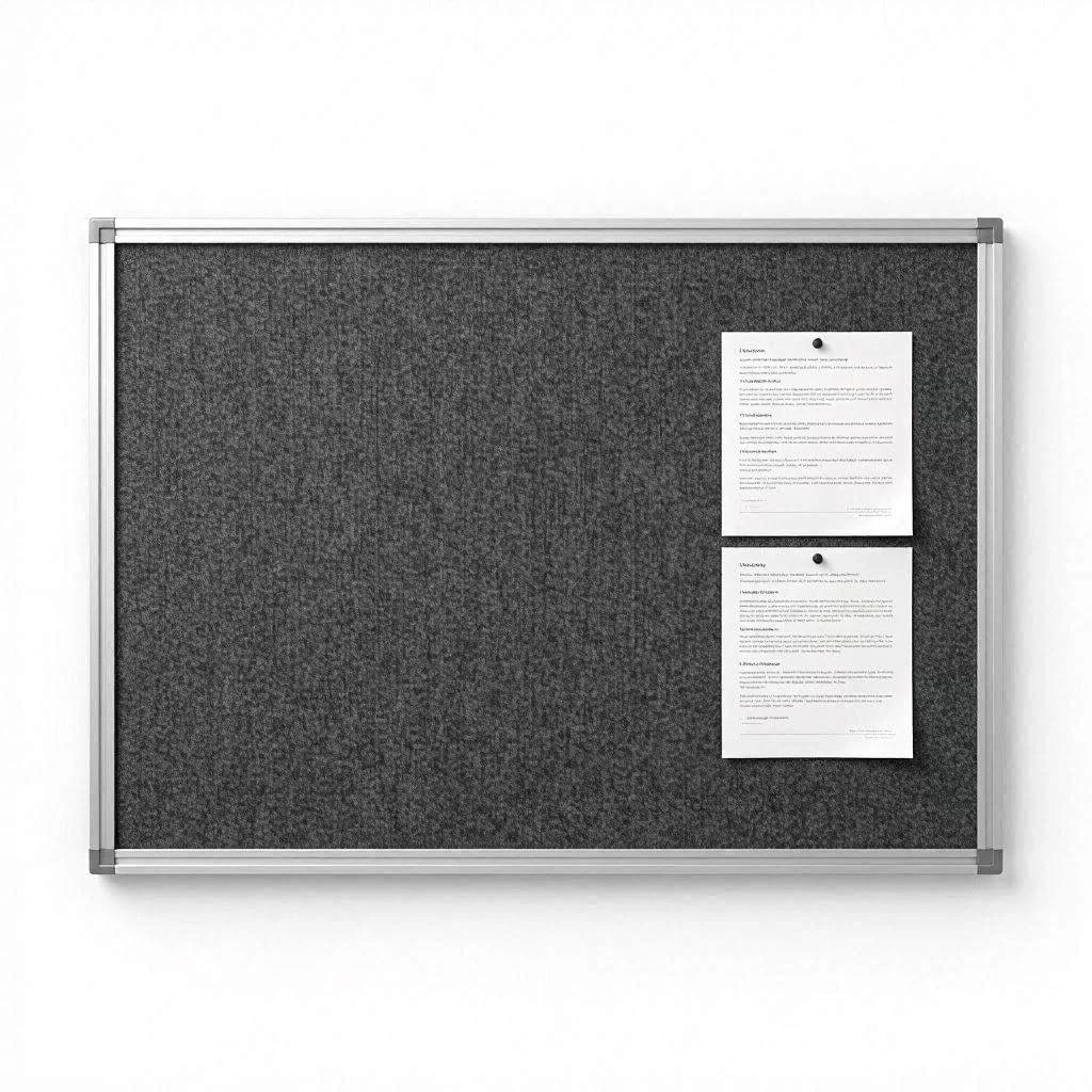 Paneles informativos escolares de tejido gris oscuro con marco de aluminio plateado y hojas informativas sujetas sobre fondo blanco