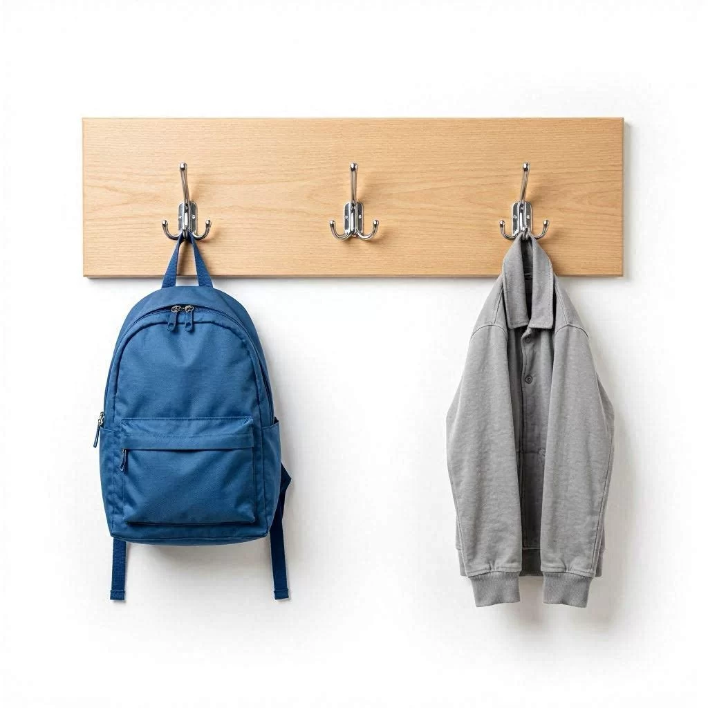 Percheros escolares de pared con panel de madera haya y ganchos dobles cromados, con mochila azul y chaqueta gris colgadas sobre fondo blanco