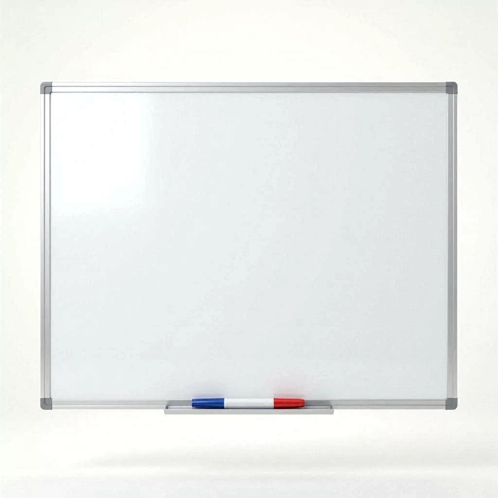 Pizarra blanca de acero vitrificado con marco de aluminio plateado y rotuladores azul y rojo en la bandeja sobre fondo blanco