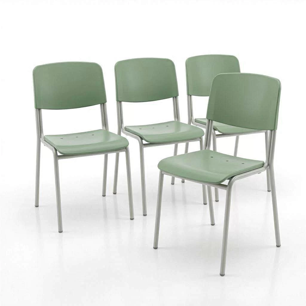 Sillas escolares de polipropileno en verde salvia con estructura de acero gris sobre fondo blanco